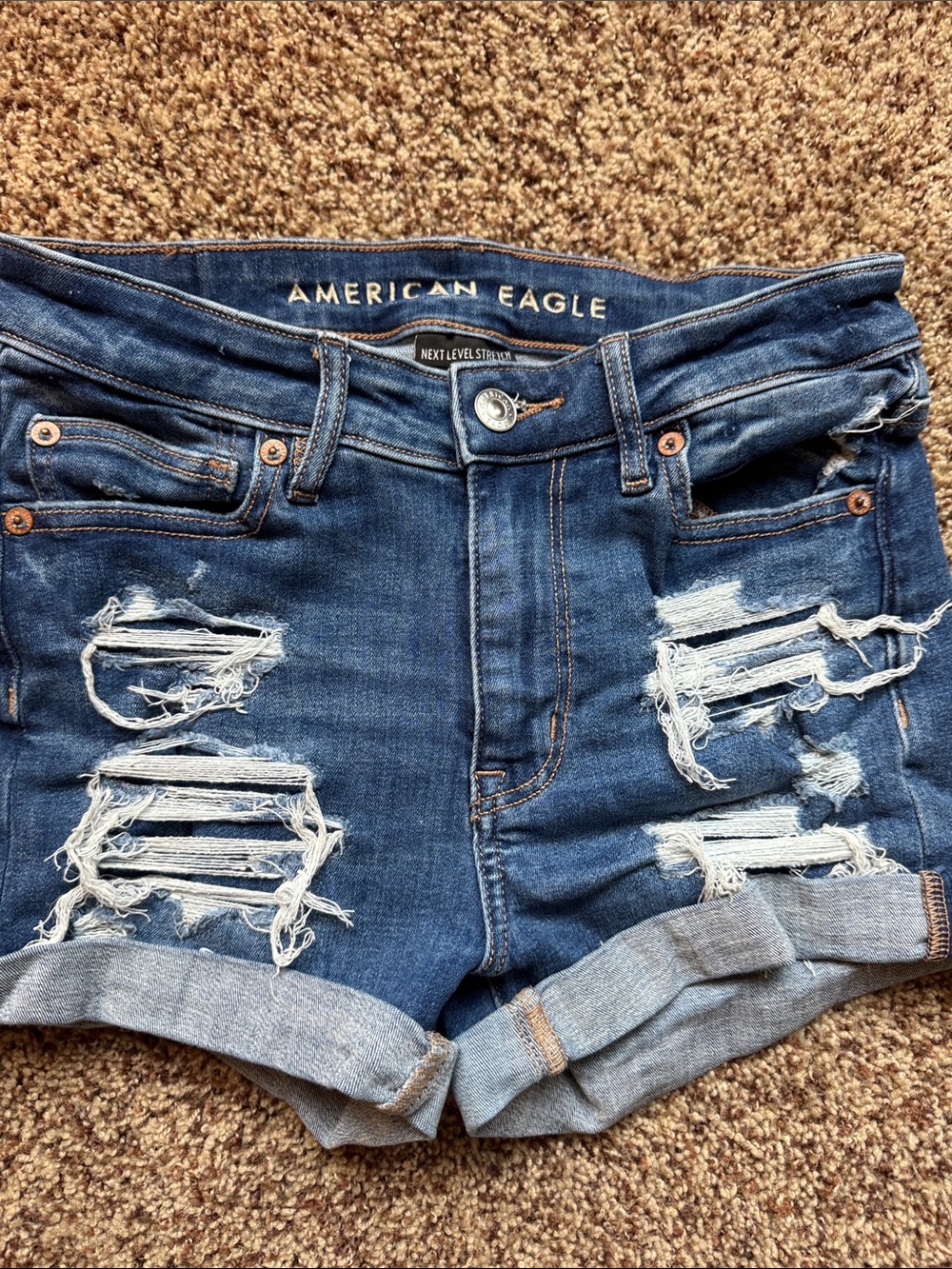 American Eagle Outfitters Dark Blue Distressed Rolled-Hem Denim Shorts